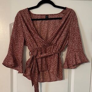 SHEIN Maroon Floral Wrap Blouse